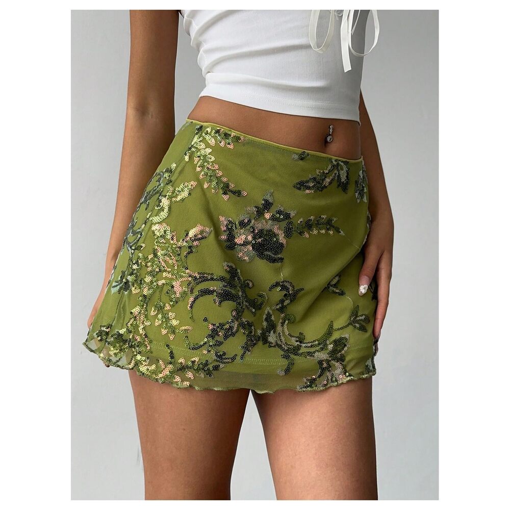 3632 Sequin Skirt Summer Floral Mesh Glitter Sparkly Mini Skirt Green Large - Picture 4 of 6